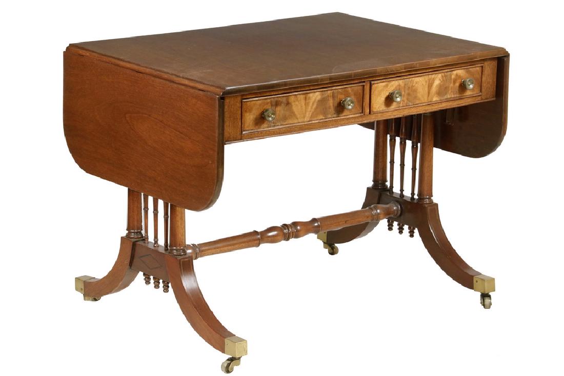 CUSTOM SOFA TABLE: Mahogany Drop Leaf Duncan Phyfe Style Table by Brandt Furniture Co, Hagerstown, MD. (Label inside drawer). The two drawers have booked, figured veneer faces with beaded edge and brass button pulls. 27