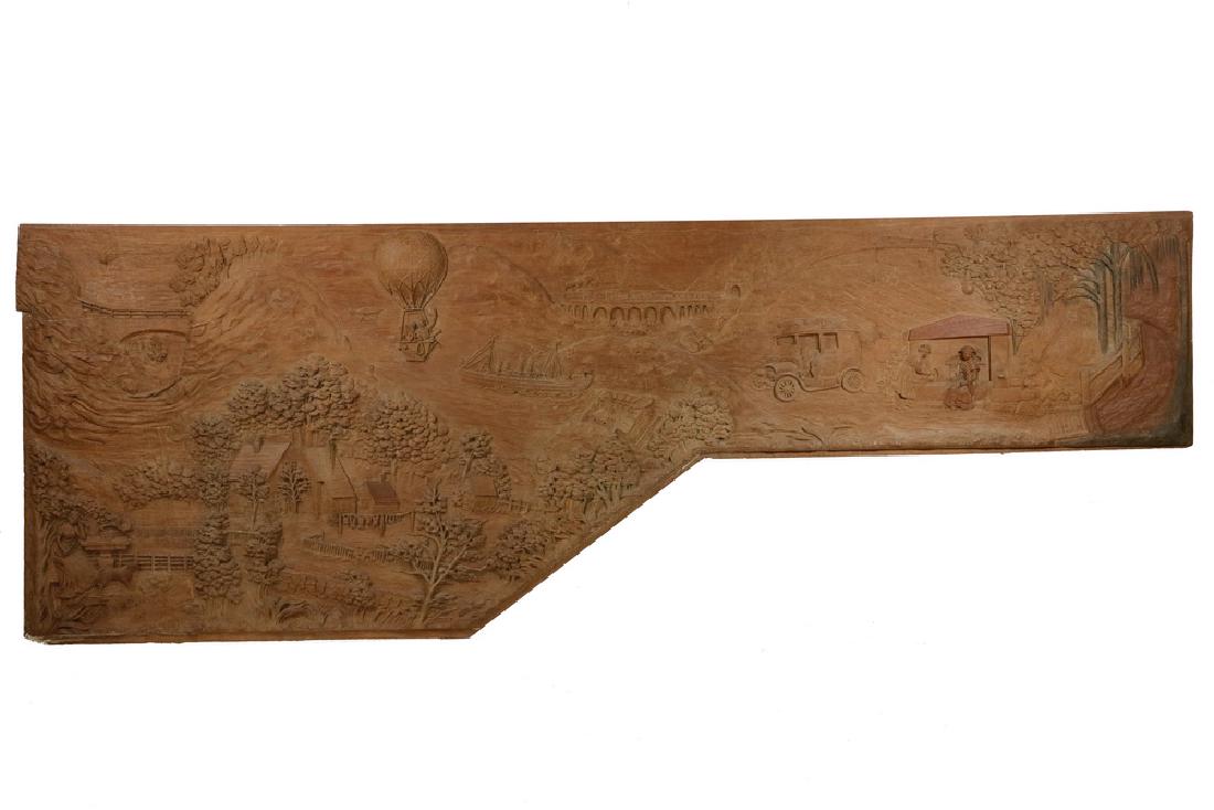 CARVED PANEL DEPICTING TECHNOLOGY A LA MODE CIRCA 1910 (1 of 3)