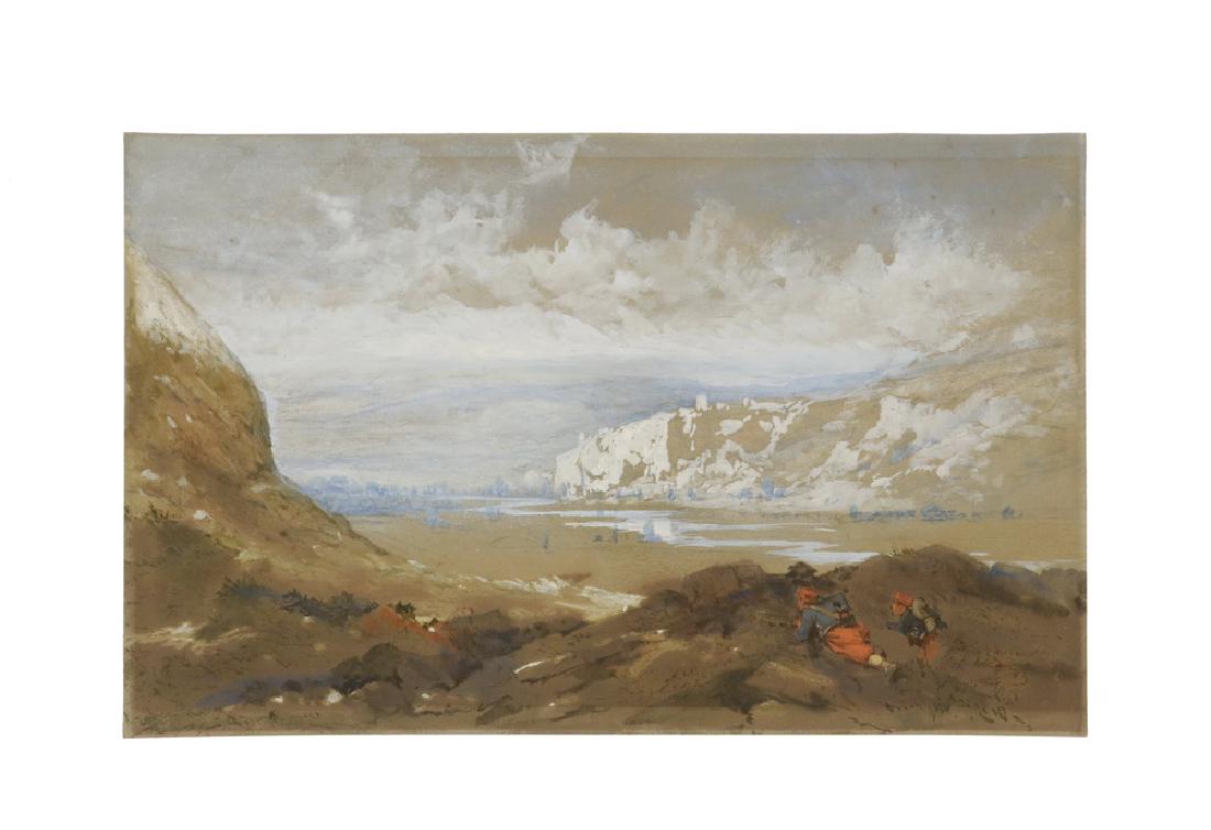 UNIDENTIFIED FRENCH COLONIAL ARTIST: French Zouave Ambush in Morocco, gouache on cardstock, unsigned, 14 1/4" x 22 3/4". Toned.
