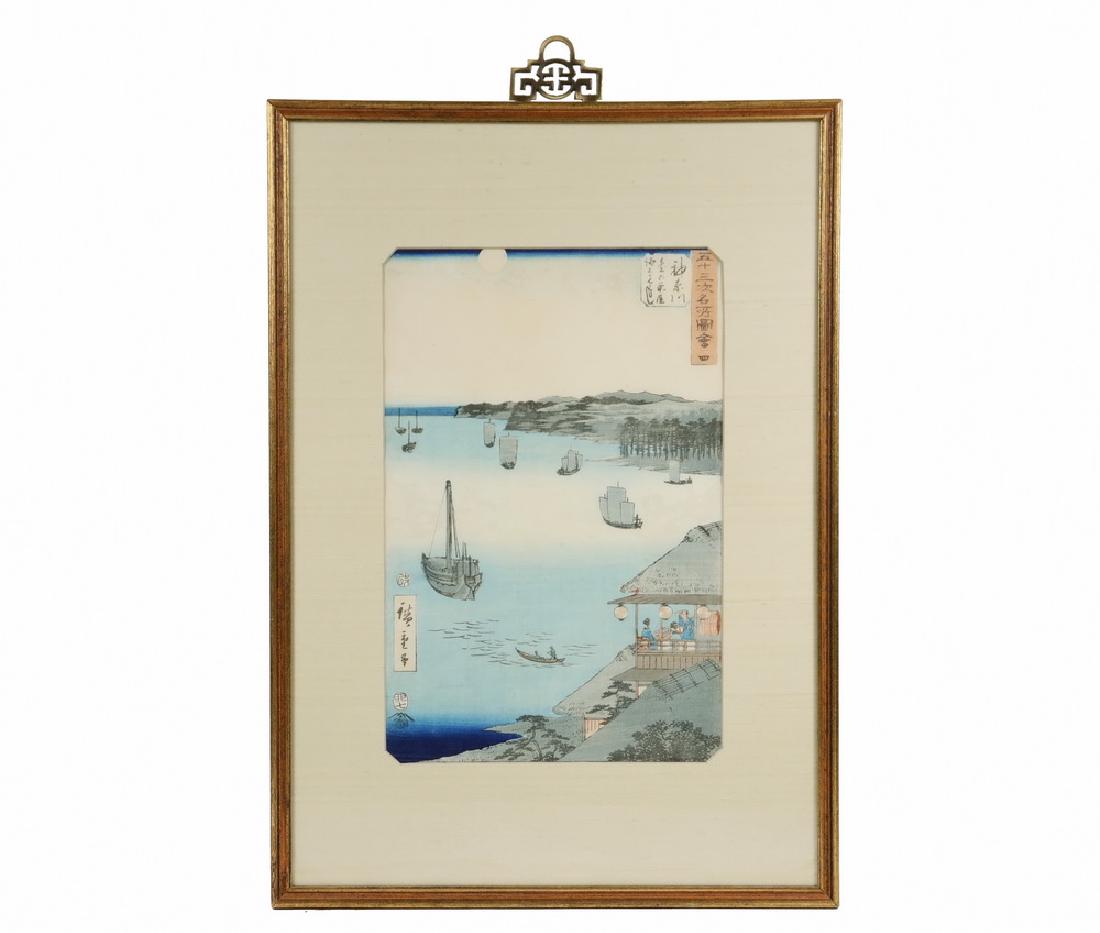 ANDO HIROSHIGE (1797-1858): "Station 4, Kanagawa, from 53 Stations of the Tokaido", vertical series, published by Tsutaya in 1855, signed Hiroshige Ga in panel lower left, scene and series titles in two panels upper right, Tsuta