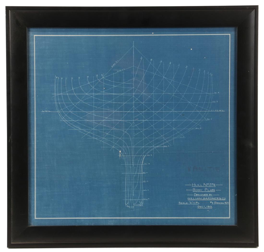 SHIPWRIGHT'S BLUEPRINT: White Line Drawing, bow view of Yacht 'Vanite', from a design by William Gardner, Hull No 274, 1/2" to 1 ft. Dec 1, 1913. In a black frame, under glass. OS: 17" x 17 1/2", SS: 14" x 14 1/2". Fine cond