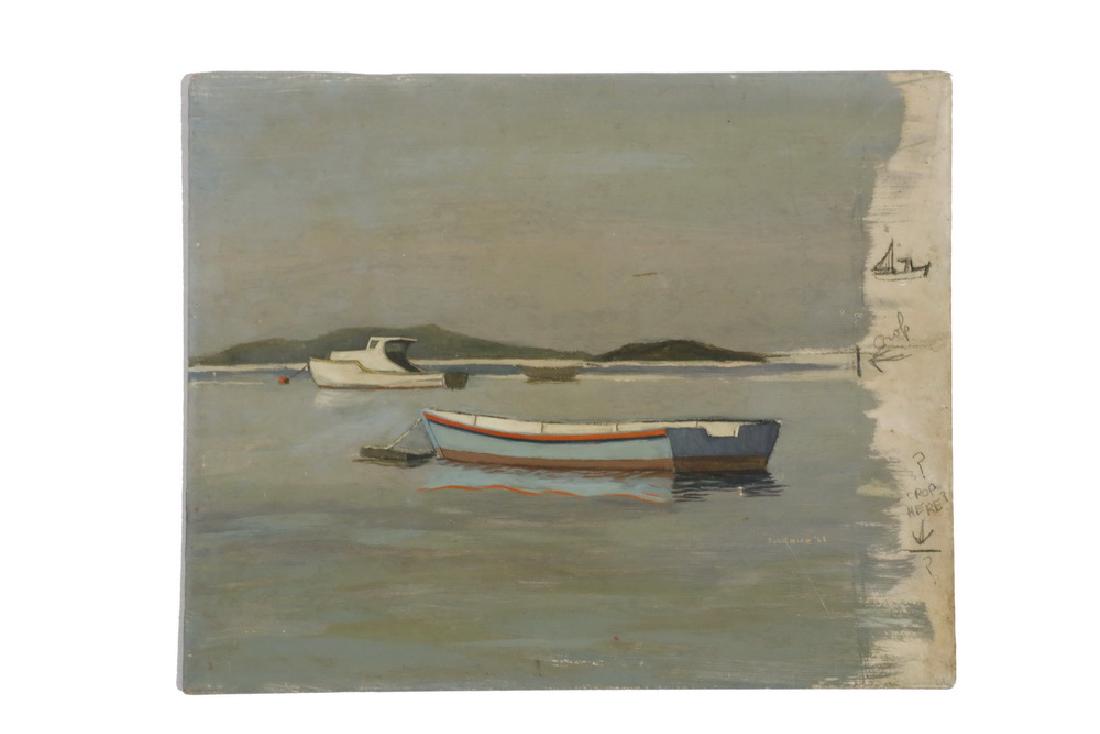 ROBERT SOLOTAIRE (NY/ME, 1930-2008): "Moored Skiff, South Harpswell, Maine, Sept 1966", oil on prepared hardboard, signed lower right and dated, signed, titled and dated verso, unframed, 8" x 10". Good condition.