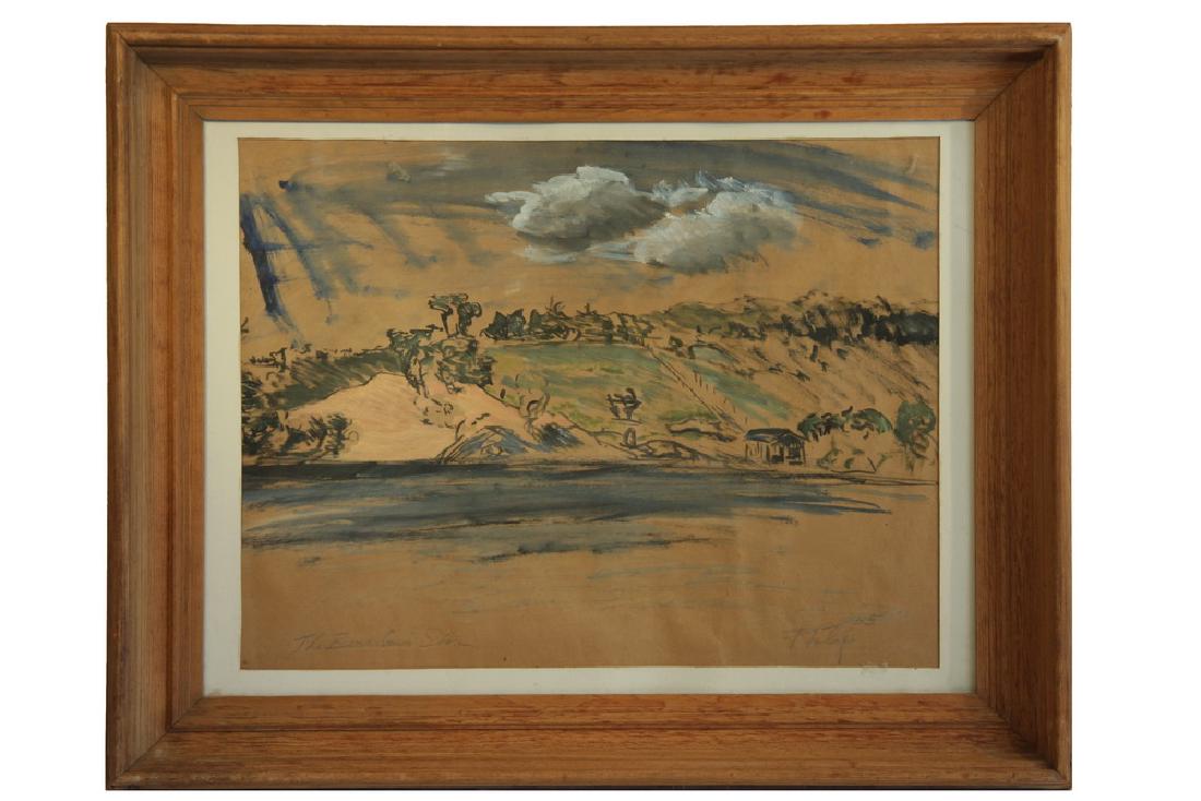 UNIDENTIFIED MID-CENTURY CALIFORNIA ARTIST: "The Burbank Shore", oil on kraft paper, signed "Philip" and dated '55, titled lower left, in oak cove frame, matted and glazed, OS: 20 1/2" x 28 1/2", SS: 16" x 21". Good condition.