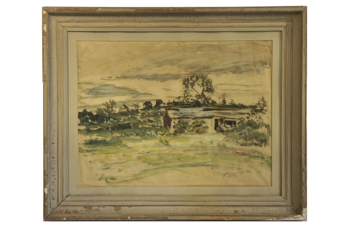 UNIDENTIFIED MID-CENTURY CALIFORNIA ARTIST: "Highland Ranch", oil on paper, signed "Philip" and dated '53, in pale grey painted frame, matted and glazed, OS: 26" x 32", SS: 18" x 24". Ripples and bends.