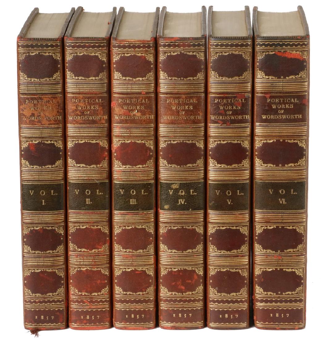 1857 EDITION WORDSWORTH IN FINE BINDINGS: "The Poetical Works of William Wordsworth", in Six Volumes, a New Edition, London, Edward Moxon, Dover Street, 1857. In full crimson polished calf with raised spine, gilt decoration, top edge gilt mar
