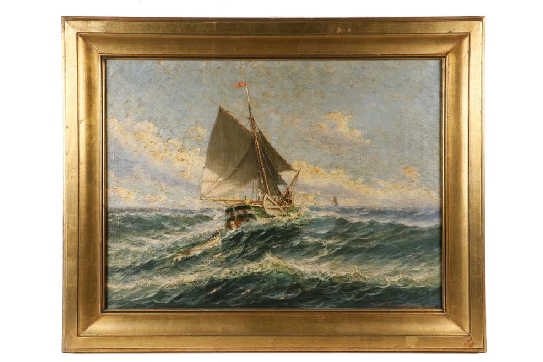 THEODORE VICTOR CARL VALENKAMPH (MA/SWEDEN, 1868-1924): Trawler with Dories Setting Out, oil on canvas, signed lower right and dated 1907, in the original gilt shallow cove frame, OS: 23 1/2" x 29 1/2", SS: 17 1/2" x 23 1/2". Fine overall craquelure.