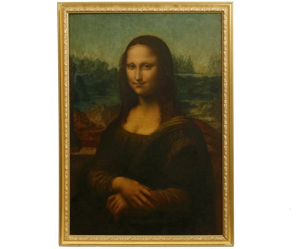 JEAN BAPTISTE BERTRAND (FRANCE, 1823-1887): Copy of the Mona Lisa, signed in chalk verso, also inscribed in pencil "Mac Monnies, 2 Aout 1902", label reads "Loaned by Mrs. Kirkland H. Gibson, 331 Dudley Road, Newton Center". In replica frame, OS