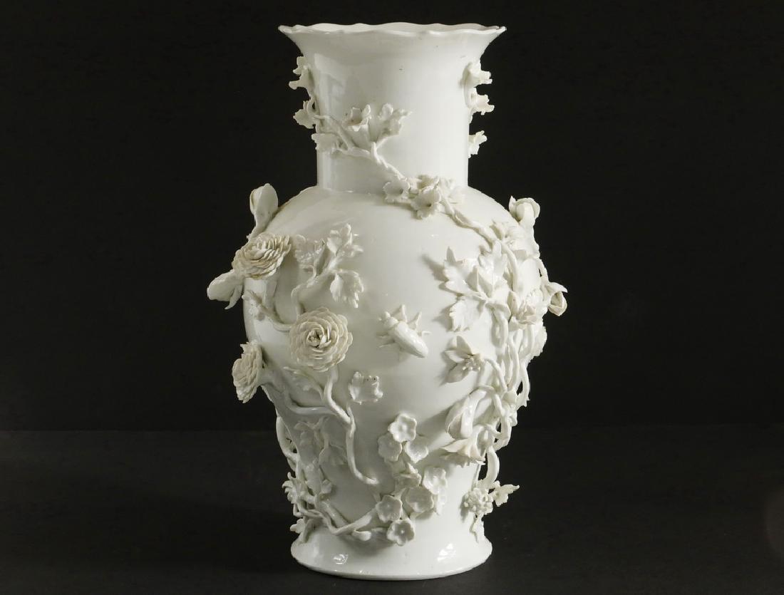 SAMSON PARIS BLANC DE CHINE VASE: Late 19th - Early 20th c. French Blanc de Chine Porcelain Vase by Samson, Paris, with delicately applied flowers and beetles, blue underglaze Samson crossed lines mark on base, 11 3/4" high, 7 1/2" di