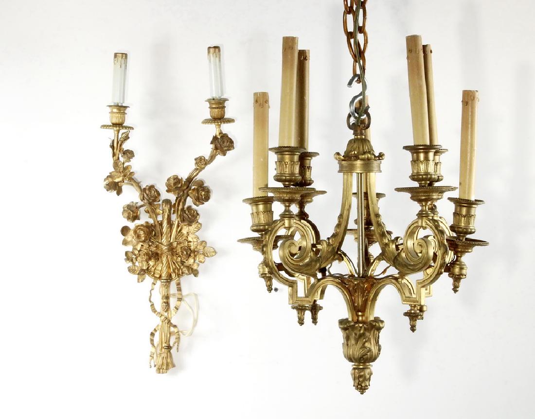 (2) GILDED BRONZE LIGHTING FIXTURES: (2) Piece Gilded Bronze Electric Lighting Lot, both late 19th-early 20th c., including: Seven-socket hanging chandelier, scroll arms, French Regency style, with candle sleeves, 19 1/2" high, 13 1/2" d