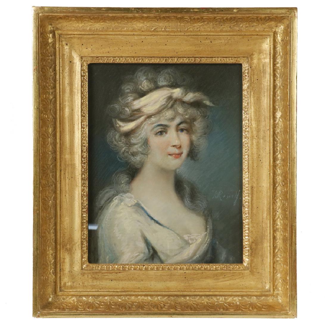 JOHN RUSSELL (18TH C. UK): "Mrs. Currie", pastel on paper, signed center right, signed, dated 1735 and with subject identified verso, in fine replica deep cove gilt frame, OS: 15 1/2" x 13", SS: 10 1/2" x 8". Very good conditio