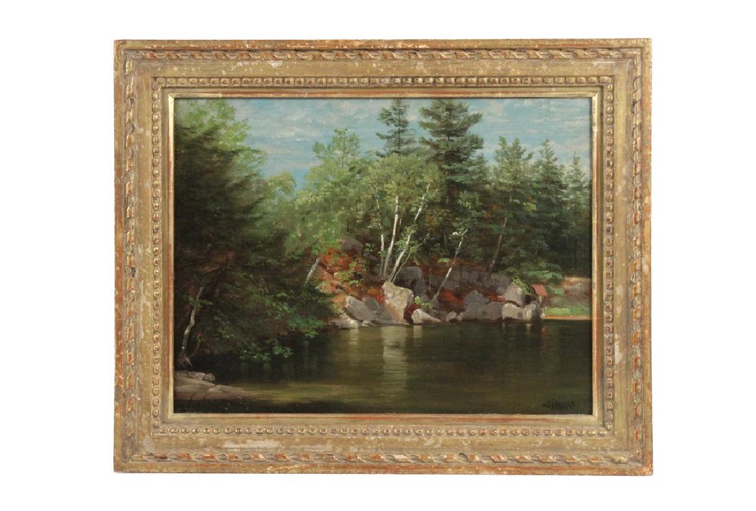 NELSON AUGUSTUS MOORE (CT, 1824-1902): "Tuttle's Bay, Lake George", oil on canvas, signed lower right, titled on Vose Galleries of Boston label verso, in fine replica water gilt frame, OS: 14 3/4" x 18 1/2", SS: 10 3/4" x 14 1/2". Cleaned 