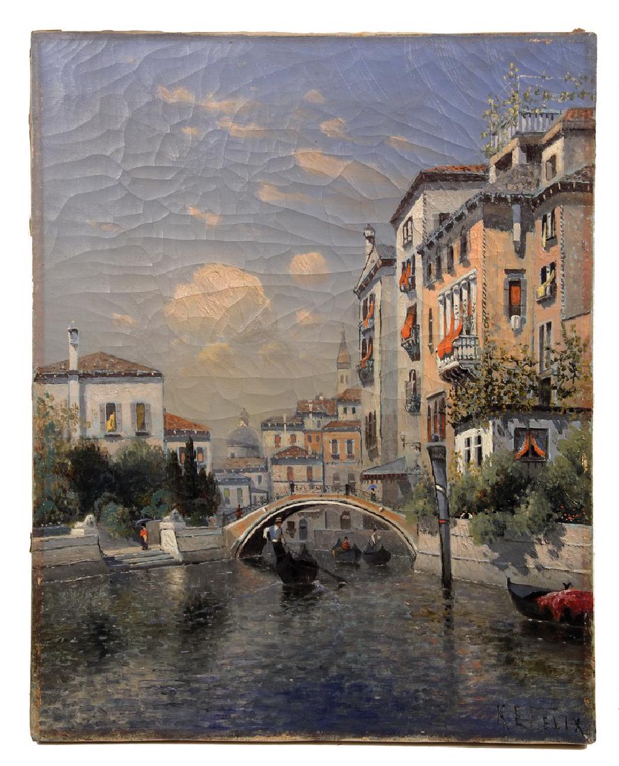 KARL EUGENE FELIX (AUSTRIA/US, 1837-1906): Gondolas on a Venetian Canal, oil on canvas, signed lr. Unframed. SS: 19" x 15". Overall craquelure.