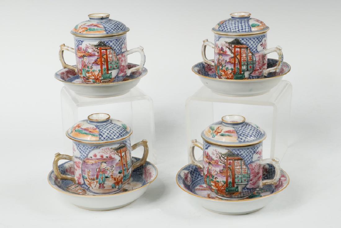 (4) CHINESE PORCELAIN LIDDED CUPS: Set of (4) 18th c. Chinese Porcelain Mandarin Lidded Two-Handled Cups, with underplates, paneled mother and child figural decoration and floral motifs, underglaze blue star and crosshatched borders, a