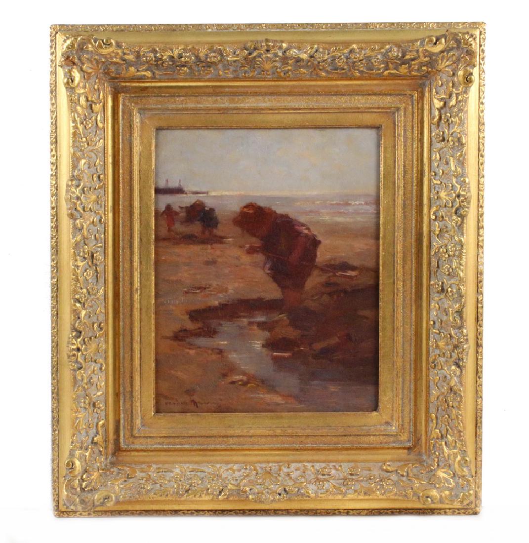 VAN DER MORITZ (?): Children Clamming near Lighthouses on Mole, oil on oak panel, late 19th c., Continental, in vintage gold gesso frame, OS: 17 3/4" x 15 3/4", SS: 10 1/4" x 8 1/4". Fine condition.