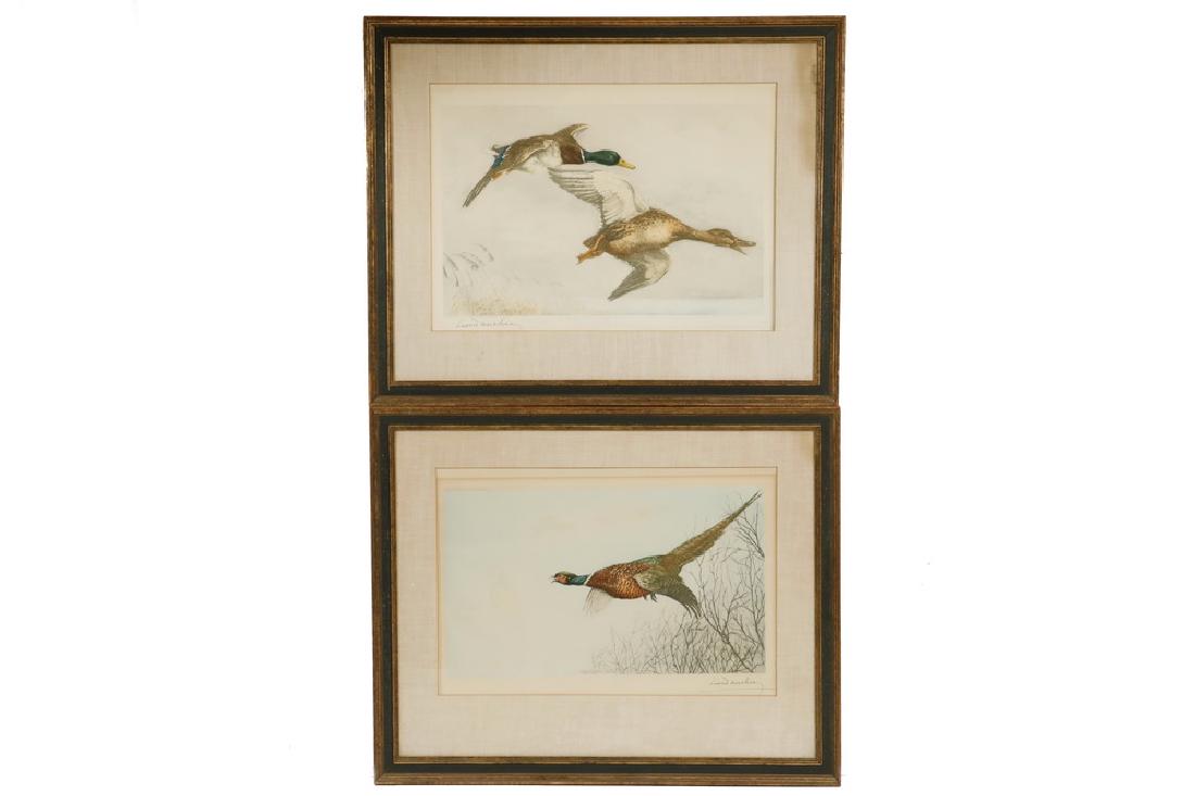 LEON DANCHIN (FRANCE, 1887-1938): (2) Game Bird Prints, hand colored etchings, pencil signed, including: Male & Female Mallards in Flight, 261/500 & Pheasant in Flight, 136/500, in matching black and gold molded frame, with linen mats