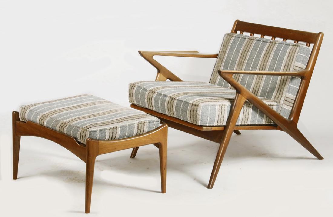 MIDCENTURY DANISH MODERN ARMCHAIR AND HASSOCK BY JENSEN: The 'Z' Lounge Chair and Hassock by Poul Jensen for Selig, circa 1955, in solid teak, retaining the original striped wool grey, creme and sand nubby fabric, 'fagas' rubber straps, 16" seat, 22" arms,