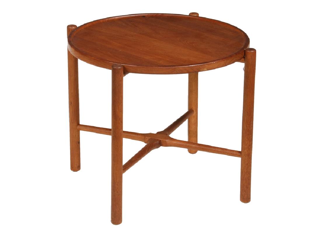 MIDCENTURY DANISH MODERN OCCAISIONAL TABLE BY WEGNER: Hans J. Wegner Teak Tray Table, model AT35, signed with branded manufacturer's mark to underside of frame: (Fabrikat: Andr Tuck Artitekt: Hans J. Wegner Denmark), having a removable tray, rigid frame.