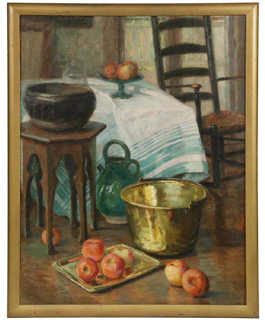 FANNIE ELIZA DUVALL (CA/NY/FRANCE, 1859-1934): "Interior", oil on canvas, signed and titled verso on label from the 1933 California Arts Fiesta, with a price of $300, her name and Marmion Way, Los Angeles address on stretcher, buyer's name in penc