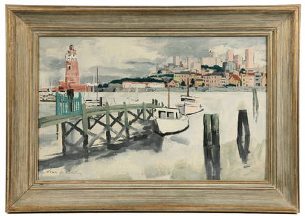 JEAN ISY DE BOTTON (NY/FRANCE, 1898-1978): "San Francisco, The Yachts Harbor", 1949, oil on panel, signed lower left, signed, titled and dated verso, marked 'No. 466' and with a price of $1200. In a fatigued gold ribbed cove frame, OS: 23 1/2"