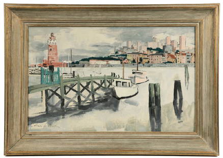 JEAN ISY DE BOTTON (NY/FRANCE, 1898-1978): "San Francisco, The Yachts Harbor", 1949, oil on panel, signed lower left, signed, titled and dated verso, marked 'No. 466' and with a price of $1200. In a fatigued gold ribbed cove frame, OS: 23 1/2"