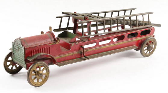 DAYTON FRICTION HOOK & LADDER TRUCK: Circa 1920s Painted Pressed Steel Friction Hook & Ladder Truck by Dayton Friction Toy Works, red body with three ladders, 5 1/4" high, 17 3/4" x 4 1/4". Friction function not working, missing driver,