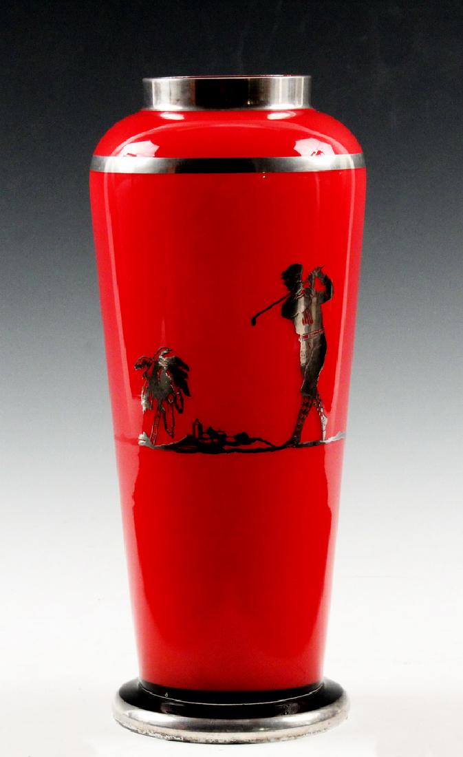 STERLING OVERLAY DECO GLASS VASE WITH GOLFER (1 of 3)