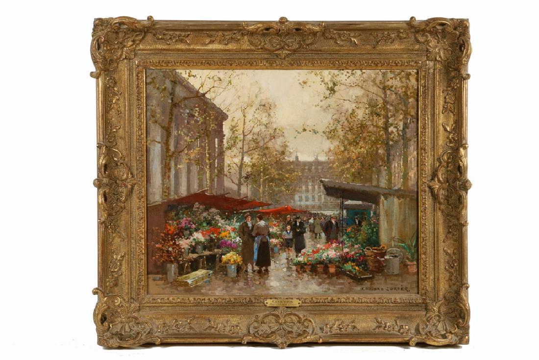 EDOUARD LEON CORTES (FRANCE, 1882-1969): "Marche aux Fleurs", oil on linen, signed lower right, depicting the crowded Parisian market under grey skies, in Post-Impressionist gilt frame with title on tag, OS: 21" x 24", SS: 14 3/4" x 17 3/4".