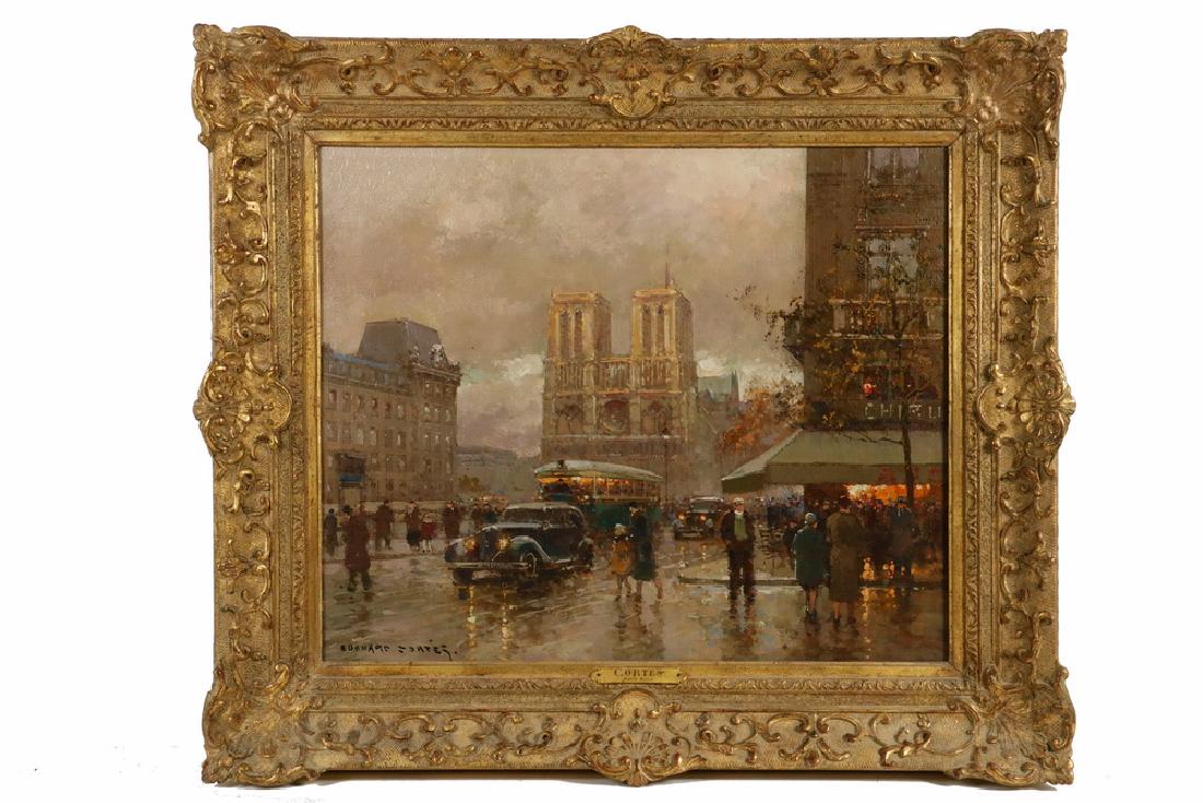 EDOUARD LEON CORTES (FRANCE, 1882-1969): "Notre Dame", oil on canvas, signed lower left, depicting the crowded rainy Parisian street at dusk, in Post-Impressionist gilt frame with title on tag, OS: 23 1/4" x 24", SS: 14 1/2" x 17 1/2". Fine 