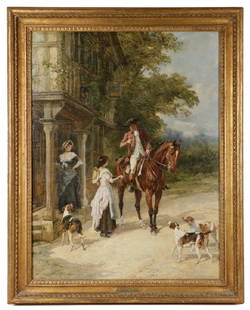 HEYWOOD HARDY (UK, 1843-1933): "After a Hard Run", oil on canvas, signed lower left and dated 1901, titled on frame tag, depicting a hunter with his hounds pausing for refreshment outside a village inn, in vintage gold molded frame