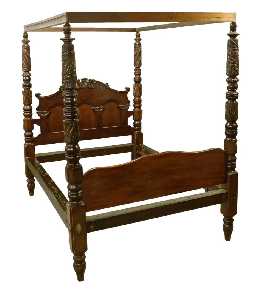 19TH C. CHIPPENDALE FOUR-POST BED: Carved American Chippendale Mahogany Canopy Bed, the posts in deep relief feather and fern, alternating with ring and urn, ending in a spherical finial, having pins to receive the molded canopy frame,