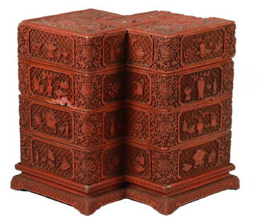 EARLY CHINESE CINNABAR STACKING BOX: Late Ming or early Qing Dynasty, 17th - 18th c., Four Tray Box with integral lid and base, from carved cinnabar lacquer, in the form of two offset squares overlapping at a corner, with nicely rendered