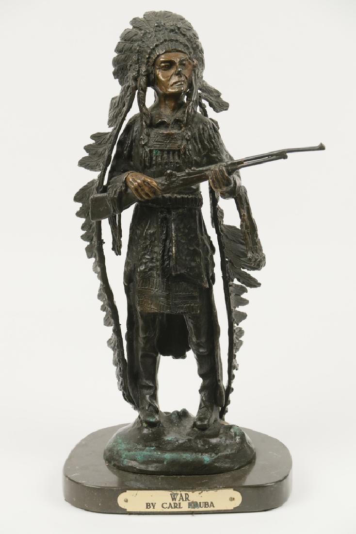 AFTER CARL KAUBA (AUSTRIA/US, 1865-1922): "War", bronze sculpture, depicting a Native American chief holding a rifle, based on the original work by Carl Kauba, signed in front of feet 'C. Kauba, 1900', mounted on polished stone plinth with br