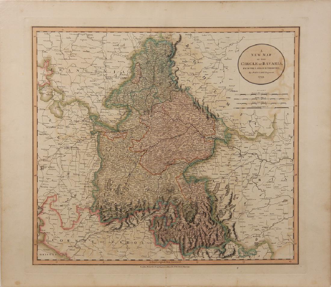 (4) EARLY MAPS OF EUROPE BY CARY: Hand colored Engraved Atlas Folio Maps of Europe, by John Cary, including: 'Circle of Bavaria', 1799; 'County of Tyrol and the Republic of Venice; Duchy of Mantua &c', 1799; 'Bohemia and Moravia', 180
