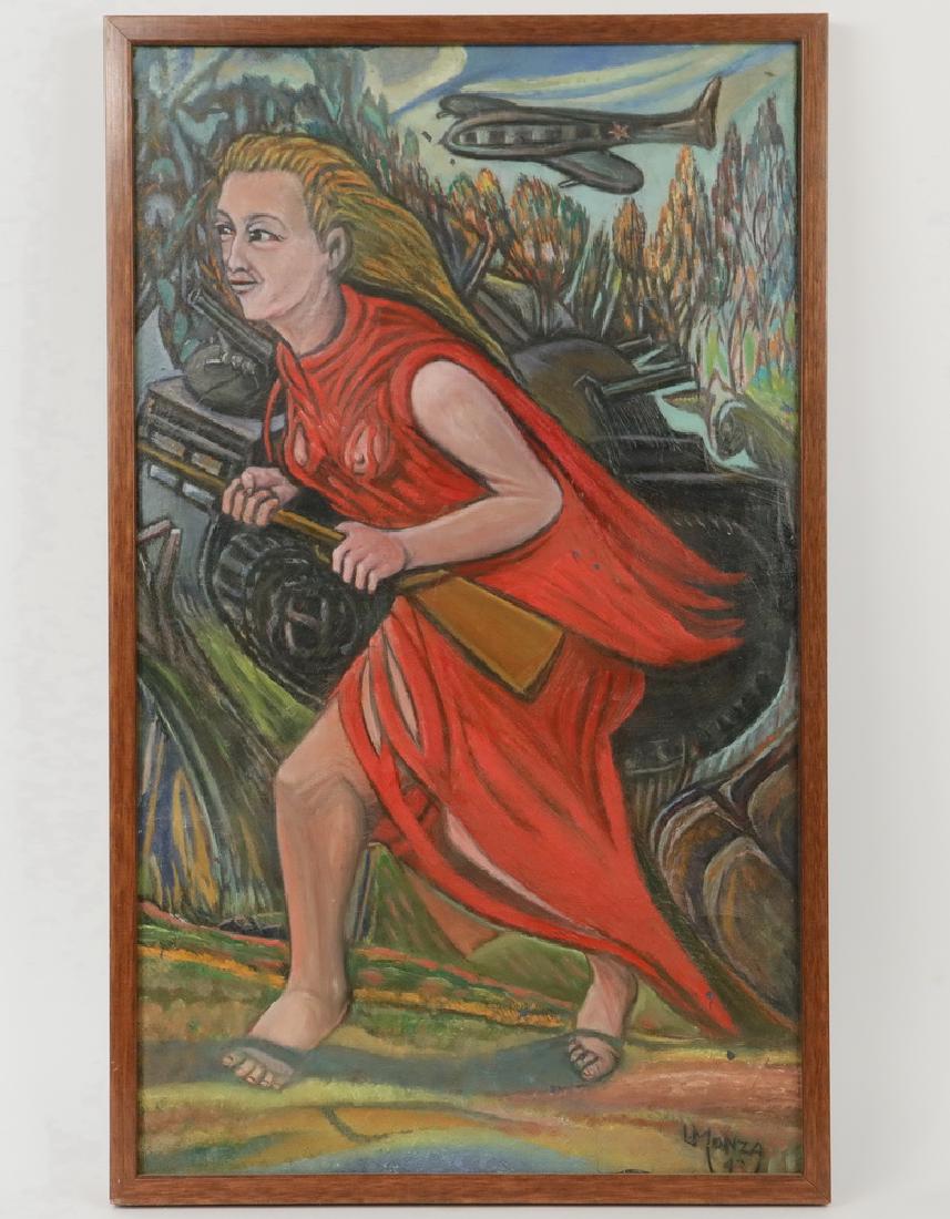 LOUIS MONZA (CA/NY/ITALY, 1897-1984): "A Woman Guerilla", oil on canvas, signed lower right and dated '43, label and flyer verso from Luise Ross Gallery, 568 Broadway, New York, from the exhibit "Louis Monza: Metaphors of the War: The For