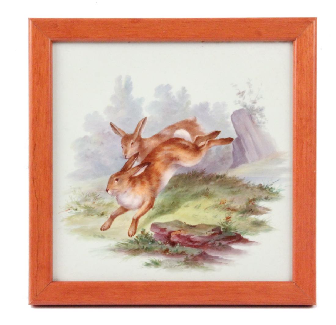 FRAMED MINTON HAND PAINTED "TWO HARES" TILE (1 of 3)