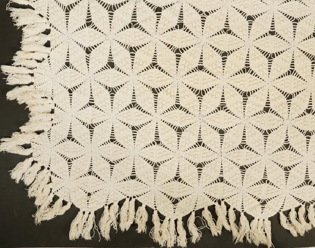 PAIR CROCHETED BED COVERLETS - 78" x 90": Matched Pair of Vintage Hand Crocheted Bedspreads, six -pointed star with popcorn pattern, tassels on three-sides, fits twin size bed with full overhang and queen size bed with skirt, approx. 78" x 90