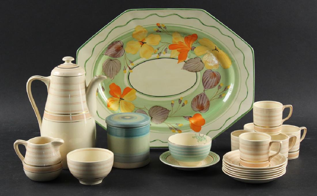 (19 PCS) ART DECO ENGLISH POTTERY: Collection of (19) Pieces of Art Deco Period China by Gray's Pottery, Stoke-on-Trent, ca. 1930s, including: (15) Piece Demitasse set in the Sun Buff pattern, 8 1/2" high coffee pot, sugar, creamer, an