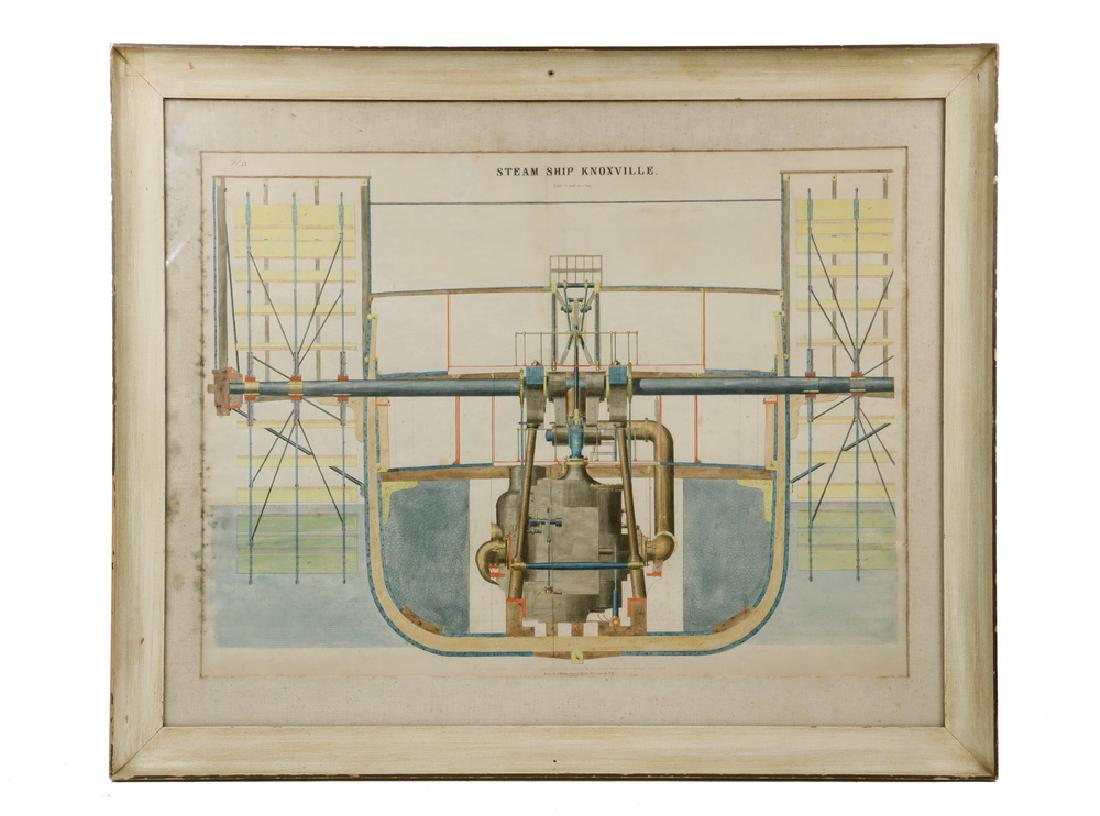ENGRAVING STEAM SHIP KNOXVILLE DESIGN: Antebellum Latitudinal Section of the Sidewheeler Steamboat "Knoxville", engraved by G. Weissenborn, dated 1854, printed in New York. In white painted cove frame, matted and glazed, OS: 29" x 35 1/2",