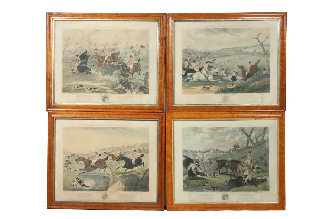 HENRY THOMAS ALKEN, JR. (UK, 1784-1825): "The Fox Chase", a series of four lithographs, hand colored, engraved by Hunt, published by IW Laird in London in 1839, each with two stanzas from a poem, housed in vintage bird's-eye maple frames wit