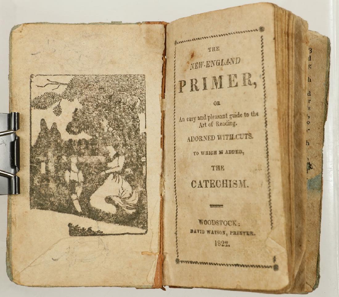 EARLY AMERICAN POCKET SIZED PRIMER: "The New-England Primer, or An easy and pleasant guide to the Art of Reading. Adorned with cuts, to which are added The Catechism", Woodstock, David Watson, Printer. 1822. Original blue paper covered 