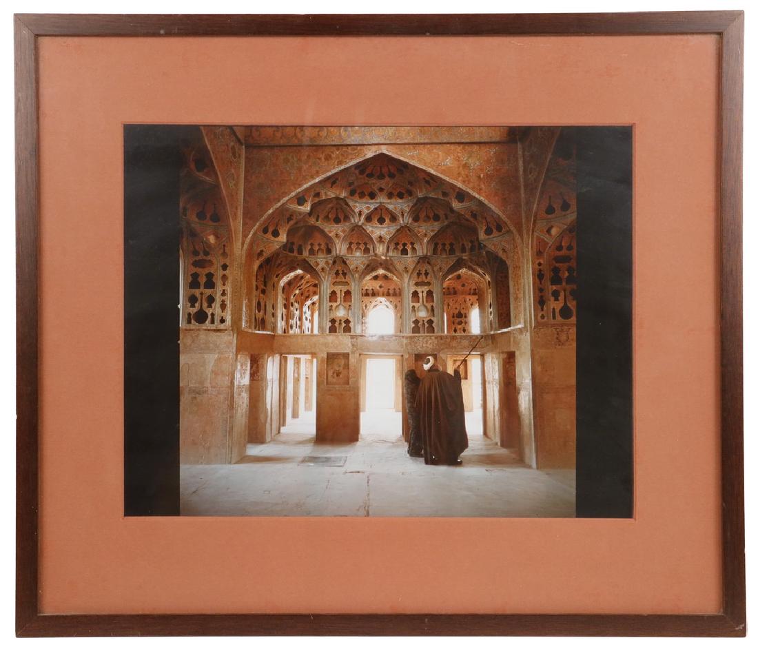 PETER CARAPETIAN (CONTEMPORARY NY): Mosque Interior from "Iran: Soul of an Ancient Land", color photograph, signed and dated '85 verso, on Taghinia-Milani Gallery of NYC label. In mahogany stick frame, matted and glazed, OS: 17" x 19 1/