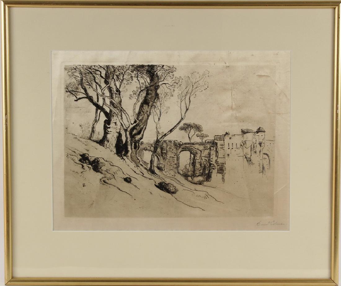 SAMUEL COLMAN (NY/CA/ME, 1832-1920): Roman Aqueduct, etching with aquatint on silk, signed lower right, circa 1890, in a gilt stick frame, matted and glazed, OS: 19 1/2" x 23 1/4", SS: 12 1/2" x 16 1/2". Wrinkled, two splits.