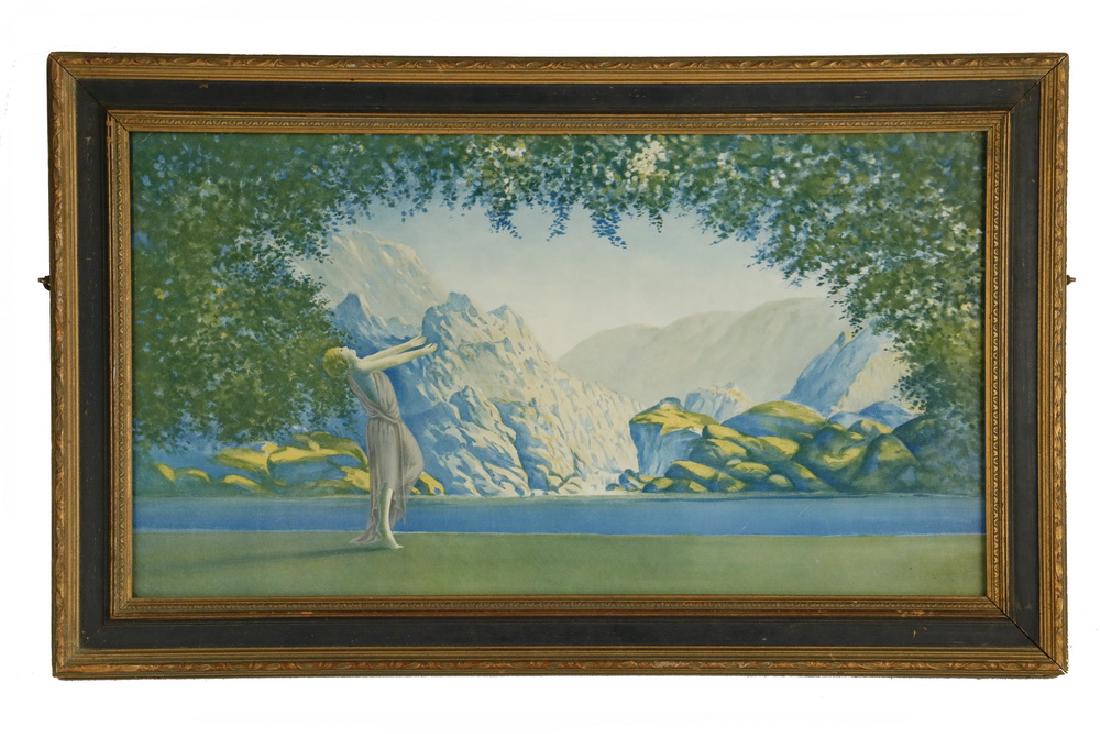CHROMOLITHOGRAPH: Maxfield Parrish style depiction of a dancing classical woman in sylvan lakeside setting, original blue and gold polychrome frame, SS: 9 1/2" x 17 1/2", OS: 12 3/4" x 20 3/4". Good condition.