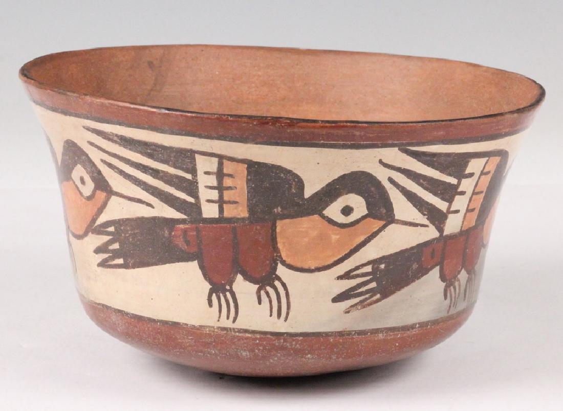 PRE-COLUMBIAN POTTERY: Nazca, South Coast Peru. 100 - 300 AD. Fine Line Painted Bowl depicting Humming Birds. 4 1/8" high, 7 1/8" diam. Paint losses. Provenance: T. Misenhimer, Beverly Hills, CA.