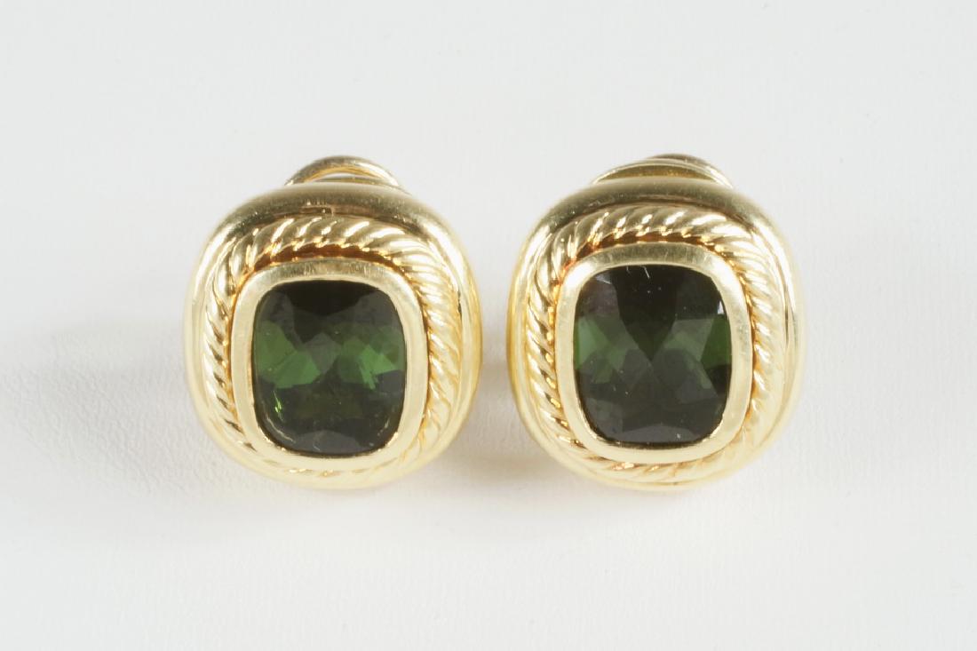 EARRINGS: Pair of Earrings in 18K yellow gold with faceted green tourmaline stone and omega backs, 1" diameter, 19.9 dwt. Provenance: Rebecca Hauk Collection