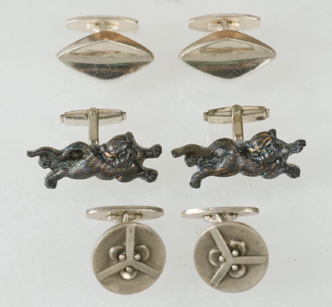 (3 PRS) SILVER CUFFLINKS: Group of (3) Pairs of Cufflinks, including: Vintage Georg Jensen Danish sterling cufflinks designed by Oscar Gundelach-Pedersen, 3/4" diam.; Bent Knudsen Danish sterling cufflinks, diamond shape moder