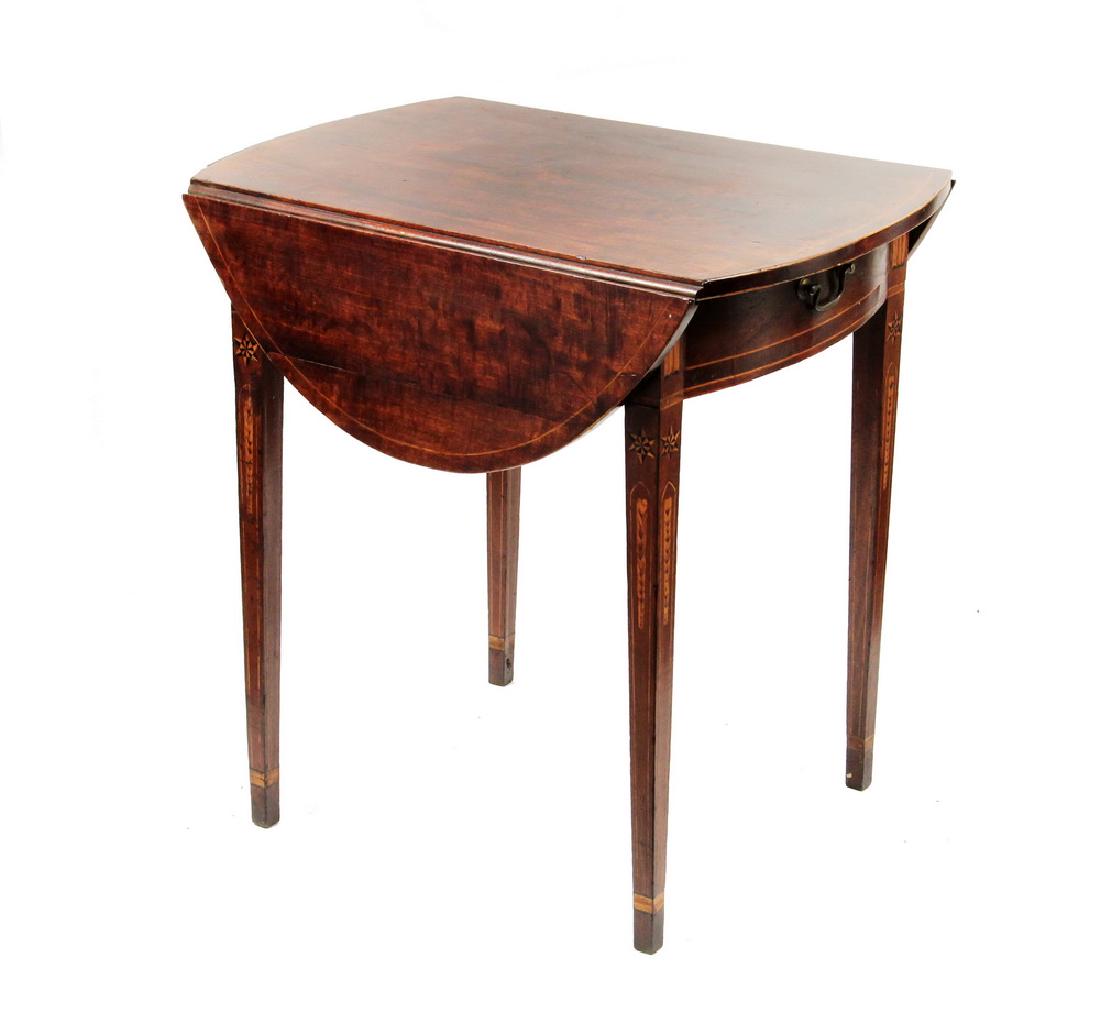 18TH C. ENGLISH PEMBROKE TABLE: Highly Figured Rosewood Dropleaf Table, the figure centered on a bold knot, with bowed ends and rounded leaves that make up an oval top, with double lines of boxwood stringing, drawer at one end oppos