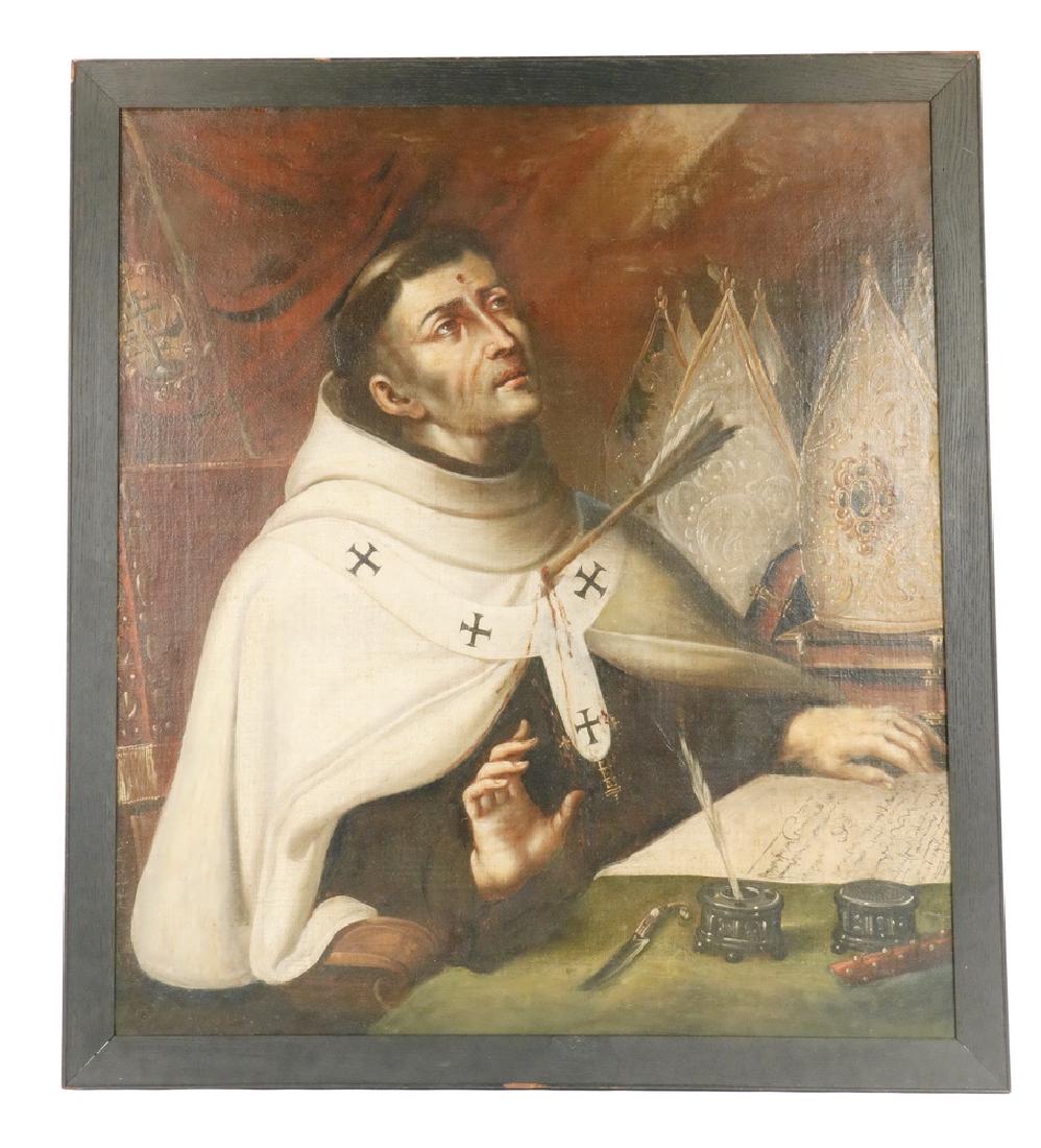 17TH C. FRENCH PORTRAIT OF A SAINT: The Martyrdom of Pope St. Fabian, Bishop of Rome, of the Decian Persecution, 250 AD. Oil on linen, unsigned. The Mitres probably represent the Bishops of Gaul that he created to organize the church in
