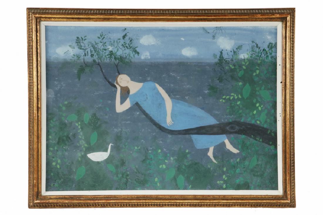 DORIS EMRICK LEE (NY/FL/IL, 1905-1983): "Shoreline Idyll", gouache on illustration board, signed lower right, depicting a woman in a simple blue shift reclining in a tree with a white heron at water's edge, label verso from 1950s framing sh