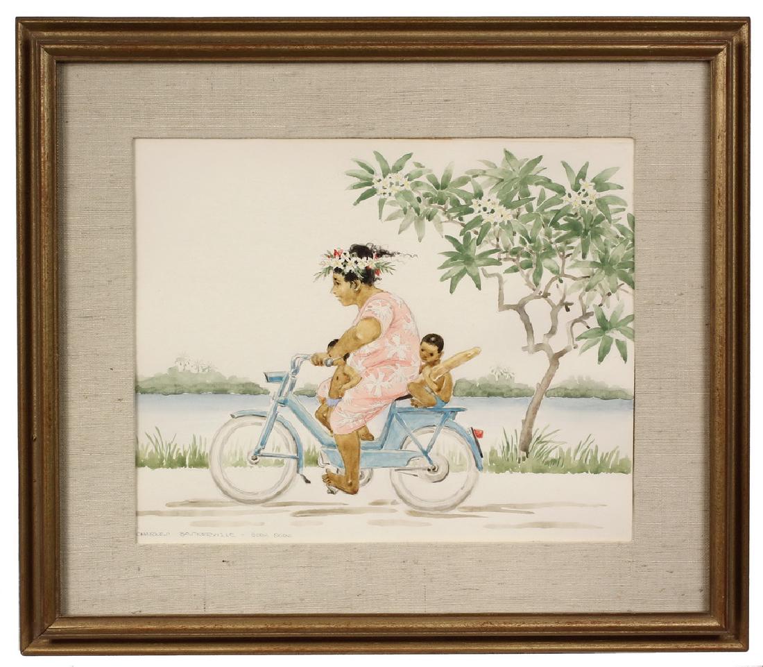 CHARLES BASKERVILLE JR. (NY, 1896-1994): 'Life on Bora Bora', watercolor on paper, signed lower left and titled on Far Gallery label verso, In gold frame, linen mat, glazed. OS: 16 1/4" x 18 1/2", SS: 10 1/4" x 12 3/4", Fine condition. Prove